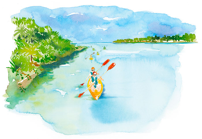 watercolor illustration of two people canoeing in a Pacific location