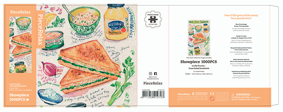watercolor recipe illustrations of mac and cheese, tuna salad and bubble tea, on jigsaw puzzles