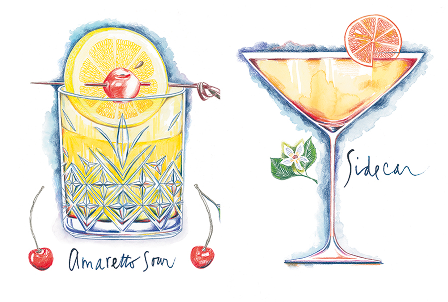 colored pencil illustrations of cocktails : amaretto sour, bee's knees  Americano and Sidecar in a retro 50's style
